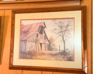 Framed barn painting, matted wood frame