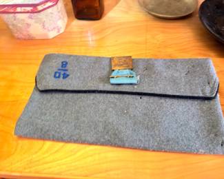 Vintage wool felt tool roll pouch with brass clasp