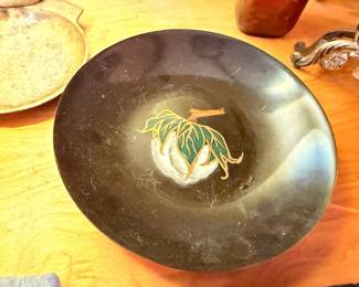 Vintage black lacquer hand-painted floral plate