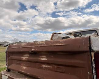 Vintage Ford pickup truck bed, rear view, patina