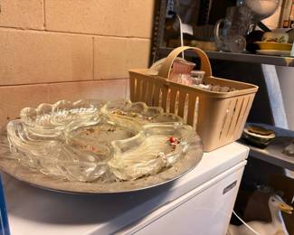 Glass serving dishes, divided platter, and basket