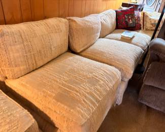 Upholstered three-cushion sofa, neutral fabric
