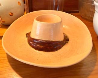 Vintage ceramic chip and dip set with brown drip glaze