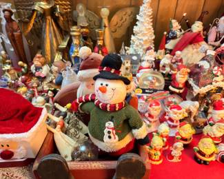 Christmas figurines, snowman, Santa, ceramic tree, salt and pepper shakers