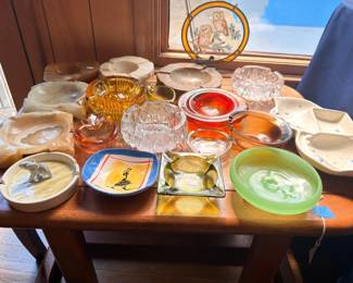 Vintage colored glassware, serving bowls, and decorative plates