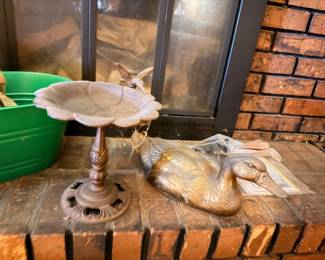Brass bird bath stand, green enamel bowl, brick fireplace hearth decor