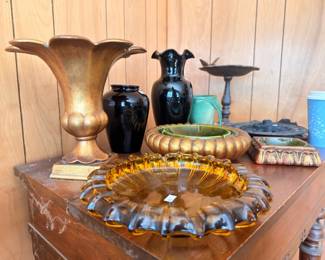 Brass tulip vase, black amethyst vases, and amber glass ashtray