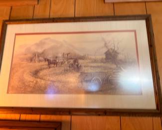 Framed watercolor print, pastoral countryside scene with double mat