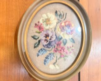 Vintage oval framed floral needlepoint