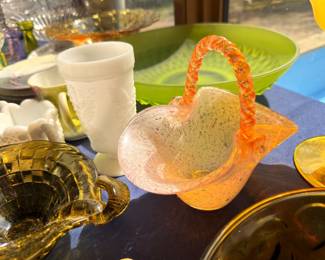 Art glass basket with orange handle, vintage glass collection