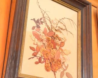 Framed dried flower botanical art, dark wood frame