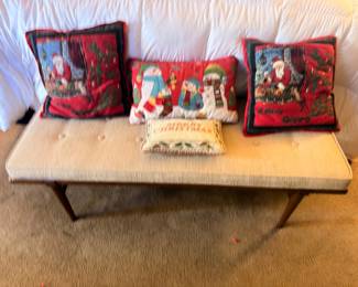 Mid-century coffee table, Christmas throw pillows, couch