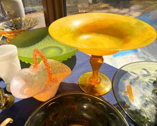 Amber glass pedestal compote and art glass pieces