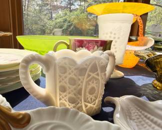 Milk glass hobnail basket, vase, and colored art glass