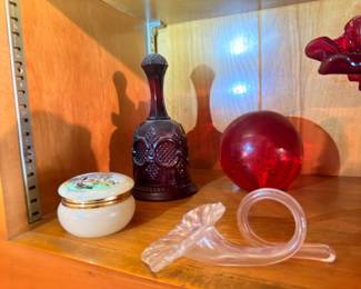 Vintage glass decanter, ruby red vase, porcelain trinket box, glass ring holder