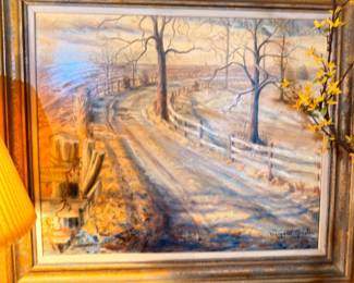 Framed oil painting, winter landscape scene, ornate gold frame