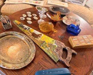 Assorted collectibles, silver plate tray, cobalt blue glass, amber glass, crystal