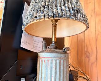 Vintage repurposed metal canister table lamp with fabric shade