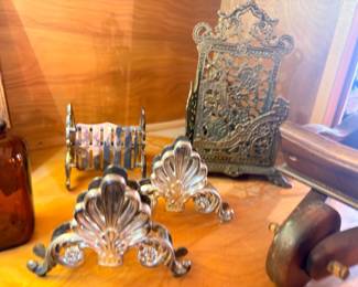 Antique Victorian brass desk accessories, miniature throne, letter holder