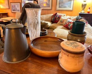 Stoneware pottery, cut glass vase, and ceramic vessels