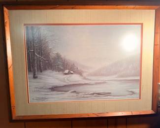 Framed winter landscape painting, signed