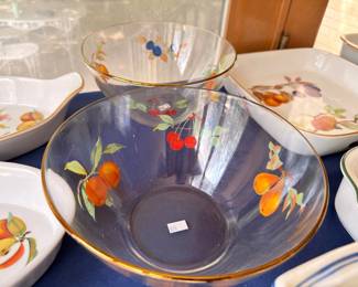 Hand-painted fruit pattern china and amber glass bowl