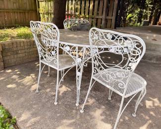 White wrought iron patio chairs ornate scrollwork set