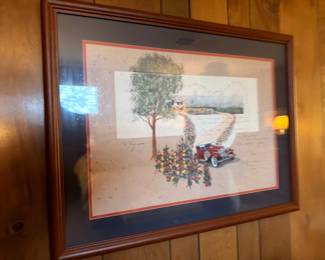 Framed country art print, vintage red truck with Christmas tree