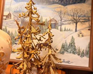 Gold metal Christmas tree, winter landscape painting