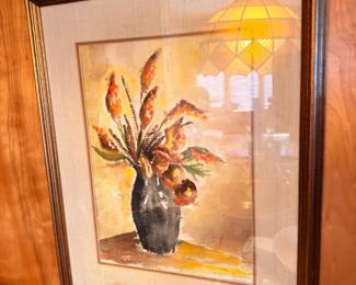 Framed oil painting, floral still life in vase, wood frame