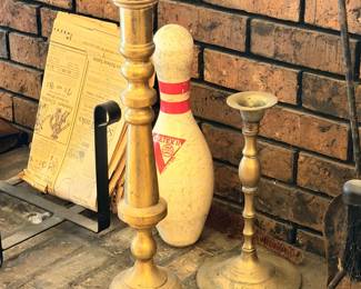 Brass candlesticks pair vintage bowling pin decor