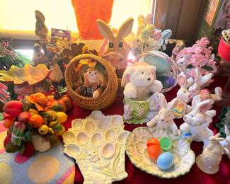 Easter decor, ceramic bunny figurines, deviled egg plate, Easter basket