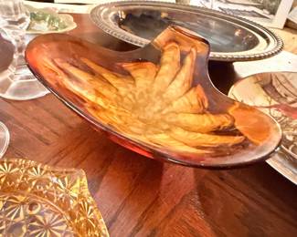 Carnival glass iridescent bowl on silver plate tray