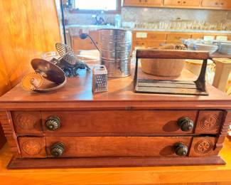 Antique spool cabinet thread chest with drawers