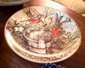 Collector plate, winter cardinal bird scene