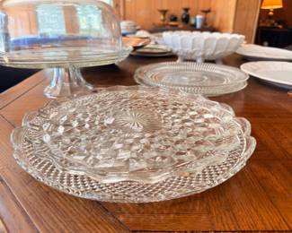 Pressed glass cake stands and serving platters