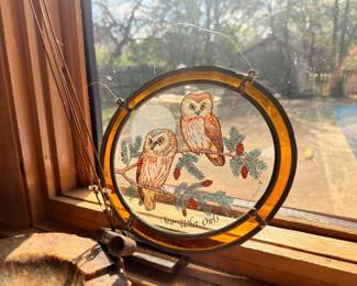 Stained glass owl suncatcher, Saw Whet Owls window hanging