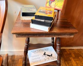 Vintage books, small wooden side table