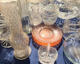 Pink depression glass plates and clear pressed glass collection