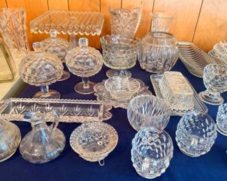Crystal lidded candy dishes, butter dish, and cut glass collection