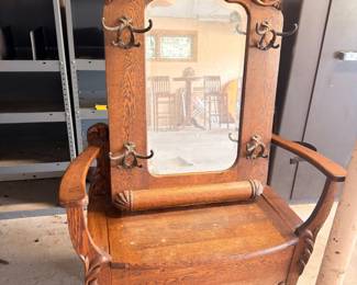 Antique carved wood dresser mirror and Victorian chair