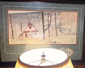 Framed country church winter landscape print
