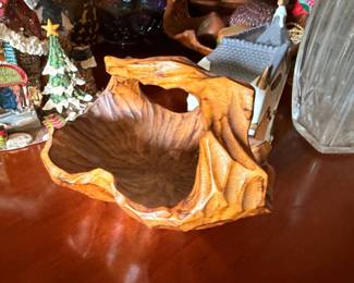 Carved wood bowl, ceramic Christmas tree, and crystal glassware