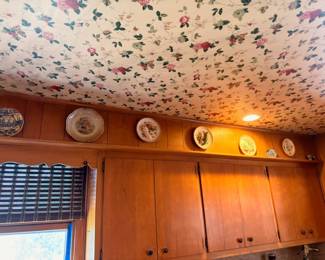 Kitchen cabinets with collectible plates and kitchen contents