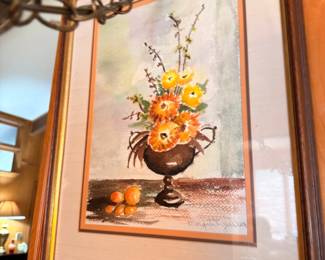 Framed oil painting, floral still life with fruit, ornate wood frame
