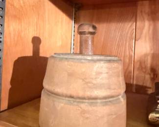 Antique stoneware butter churn with wooden dasher