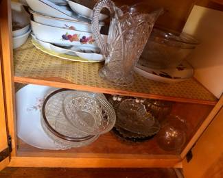 Fruit pattern china plates, cut crystal bowl, pressed glass dishes