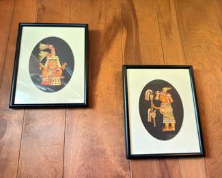 Pair framed Aztec Mayan warrior art prints