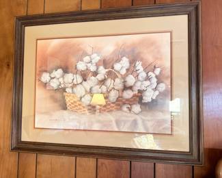 Framed cotton boll basket print, Southern art