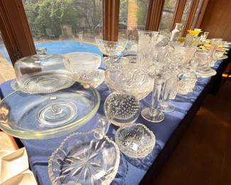 Crystal and glass serving pieces, bowls, cake stands, and vases